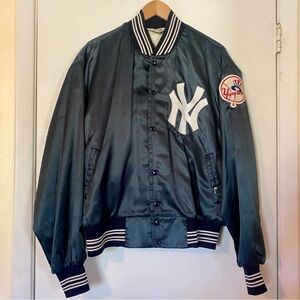Vintage 80s West Wind NY Yankees Baseball Satin Bomber Jacket Navy XL EUC USA